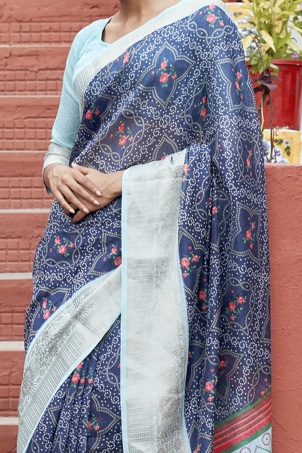 Blue Cotton Printed Saree