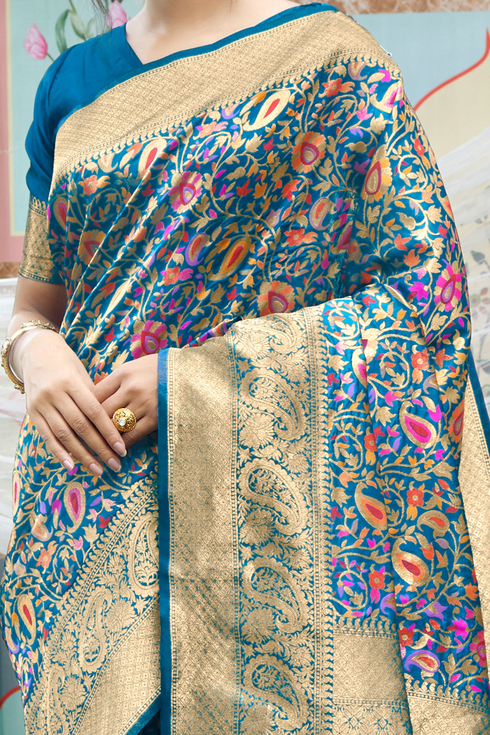 Cobalt Blue Kashmiri Woven Silk Saree