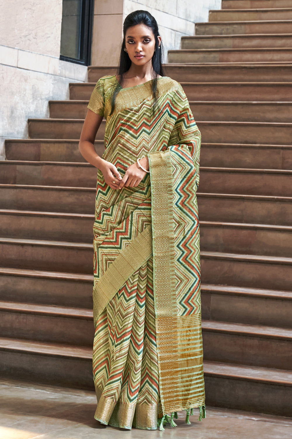 Green Printed Linen Silk Saree With Designer Blouse