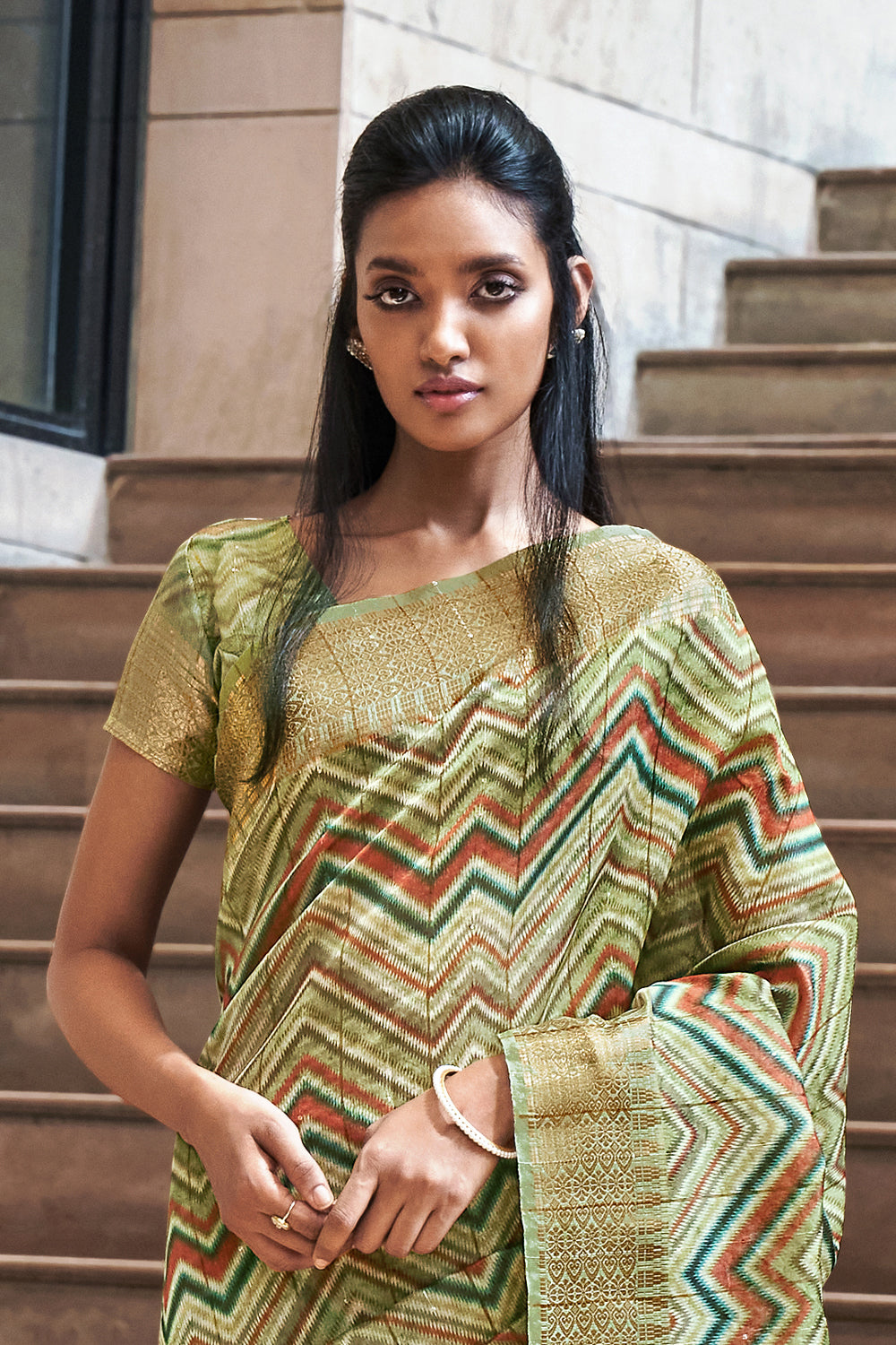 Green Printed Linen Silk Saree With Designer Blouse