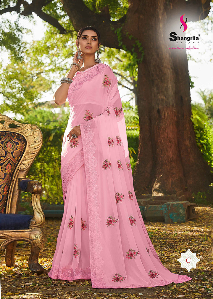 PINK GEORGETTE SAREE WITH APPLIQUE EMBROIDERY WORK