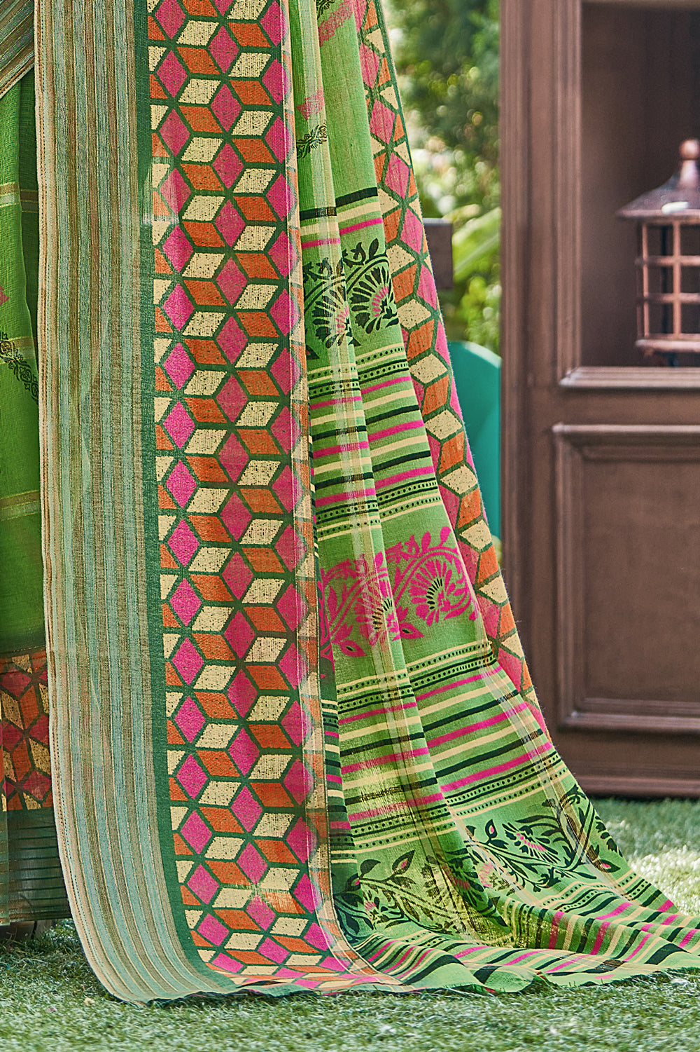 Green Batik Printed Linen Saree