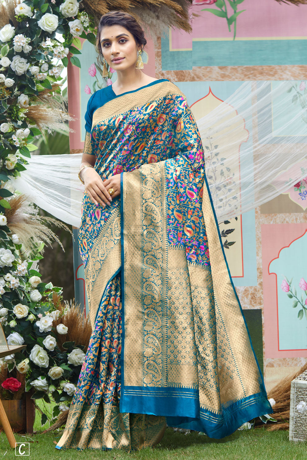 Cobalt Blue Kashmiri Woven Silk Saree