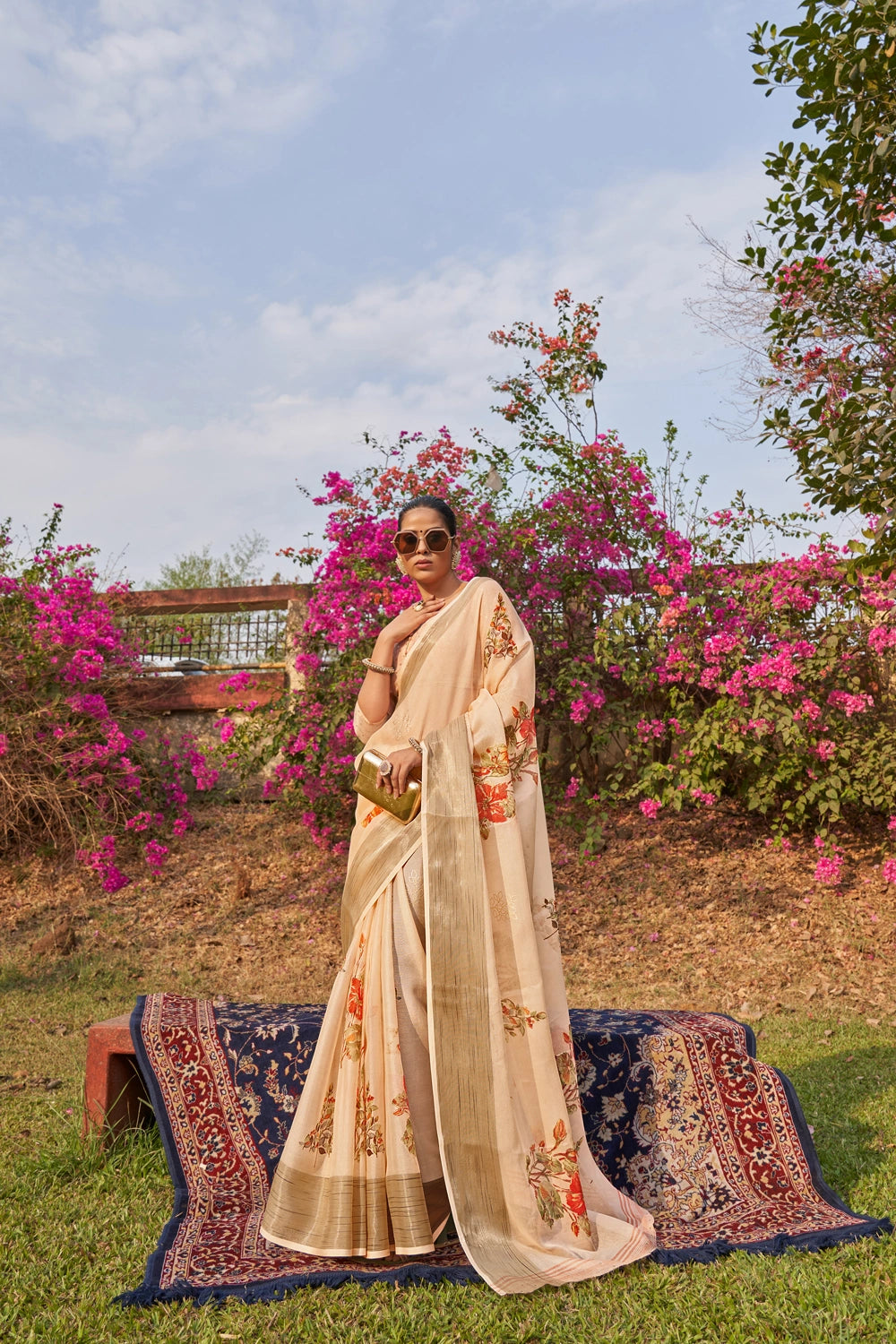 Cream Beige Floral Foil Print Organza Silk Saree With Designer Blouse