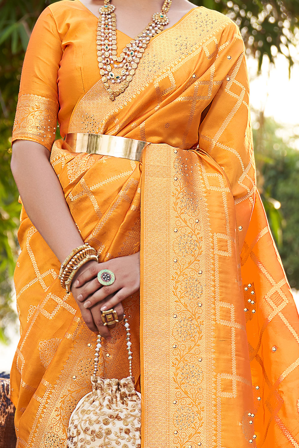 Yellow Woven Banarasi Swarovski Silk Saree By Shangrila Saree