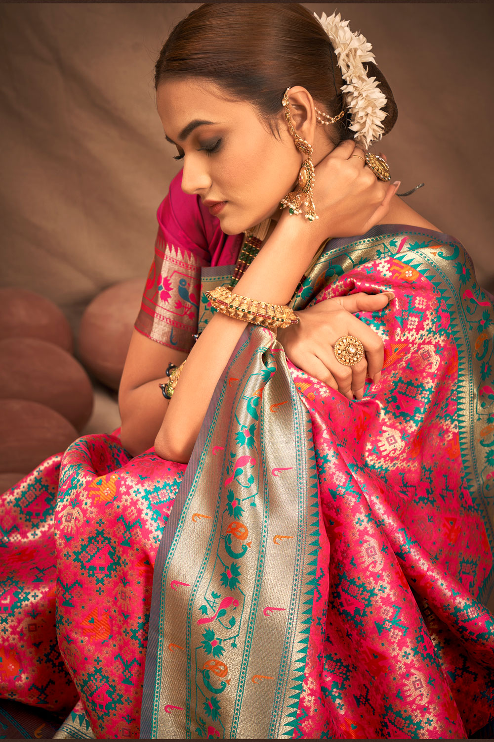 Bright Pink Patola Woven Silk Saree