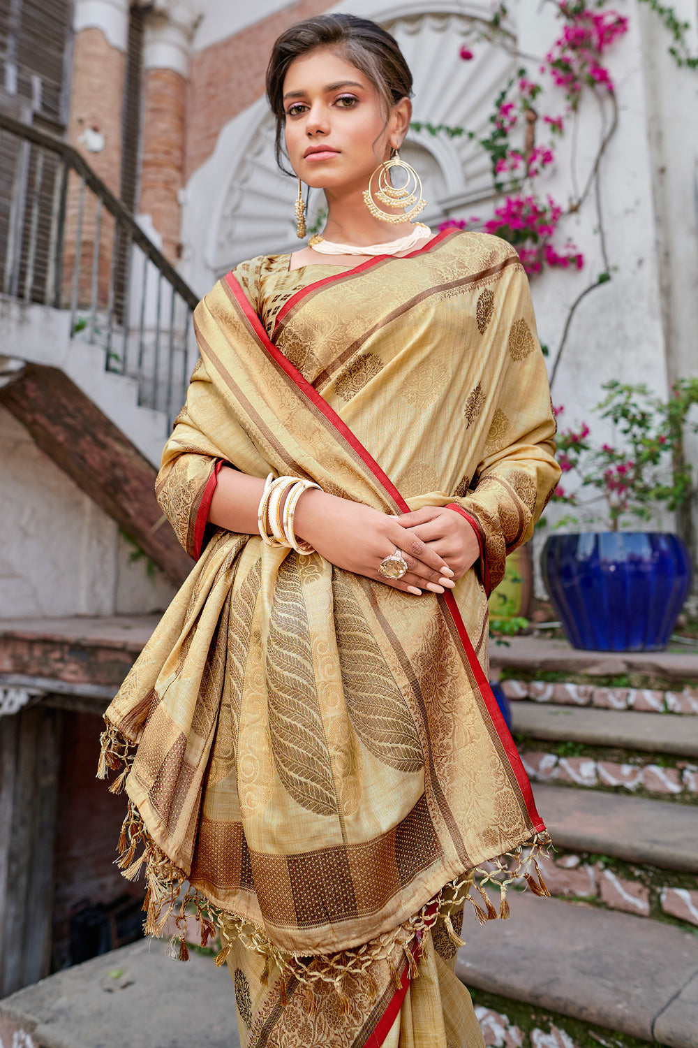 Cream Banarasi Silk Saree