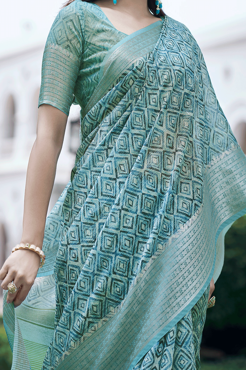 Ocean Blue Digital Printed Linen Saree