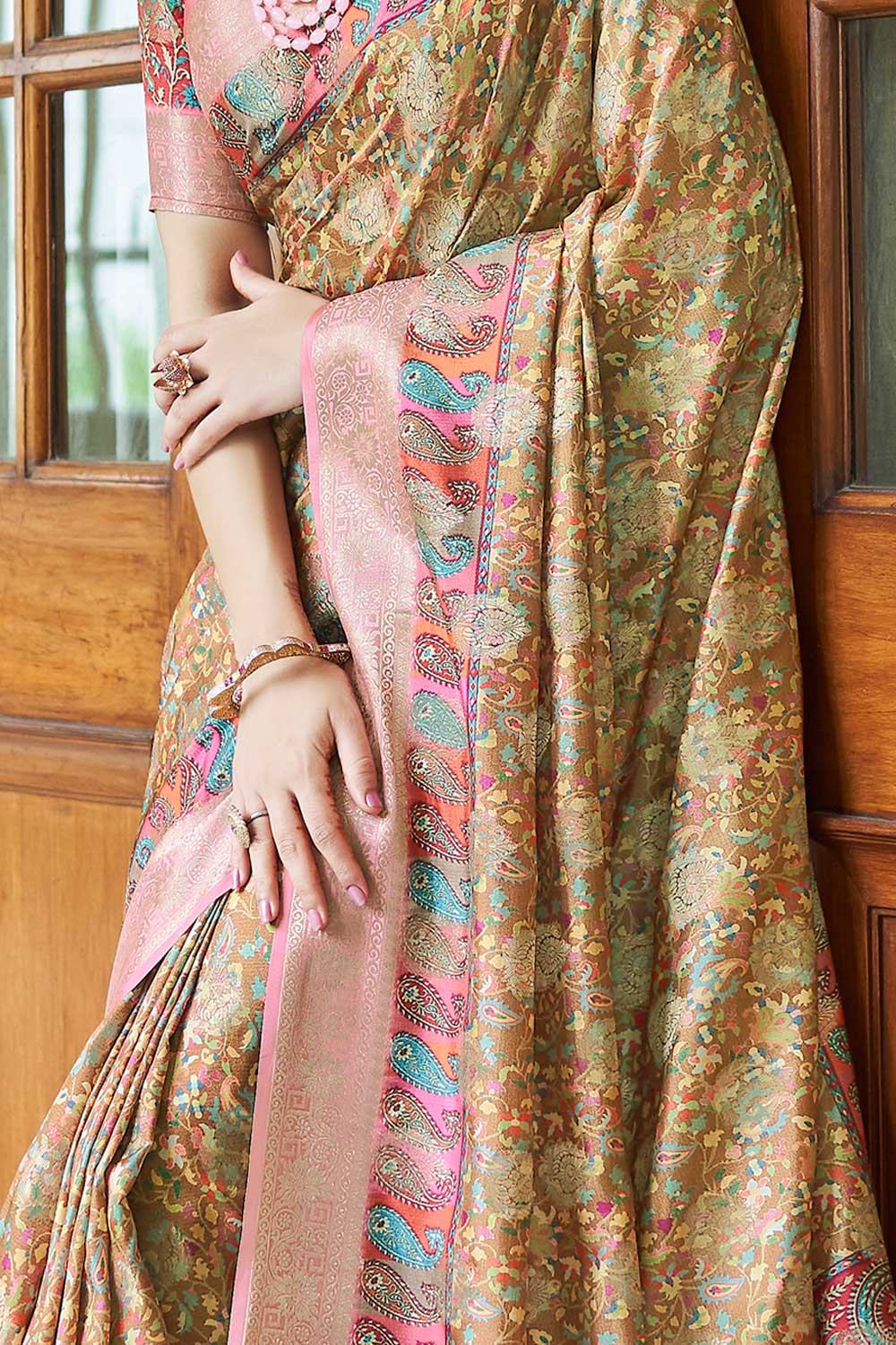 Brown Digital Printed Silk Saree