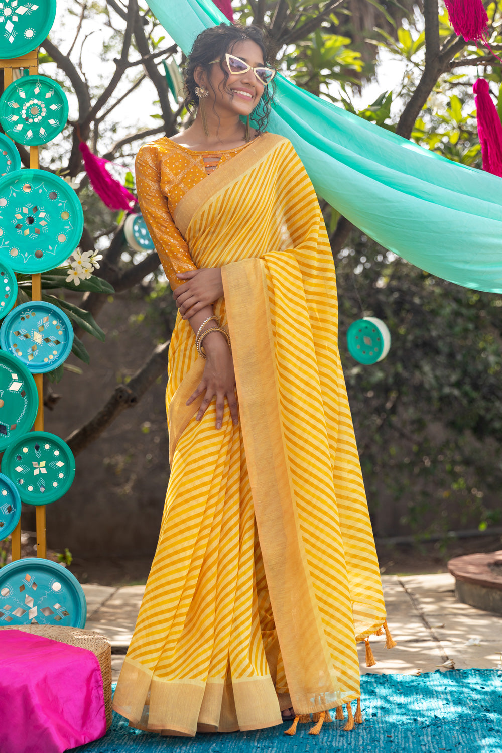 Yellow Lehariya Printed Linen Saree