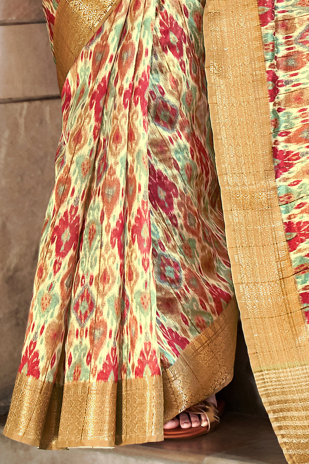 Beige Multicolor Printed Linen Silk Saree By Shangrila