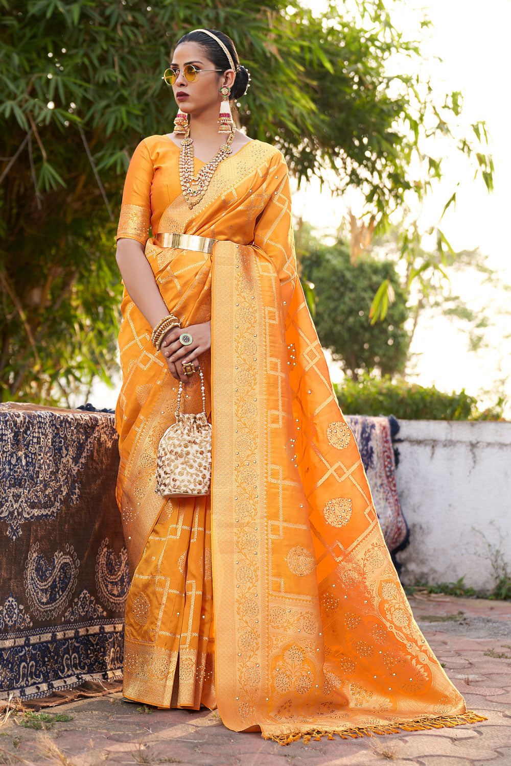 Yellow Woven Banarasi Swarovski Silk Saree By Shangrila Saree