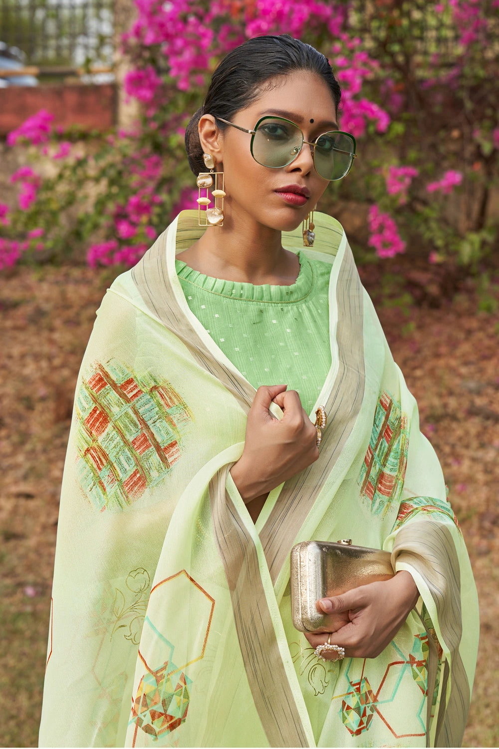 Light Green Floral Foil Print Organza Silk Saree With Designer Blouse