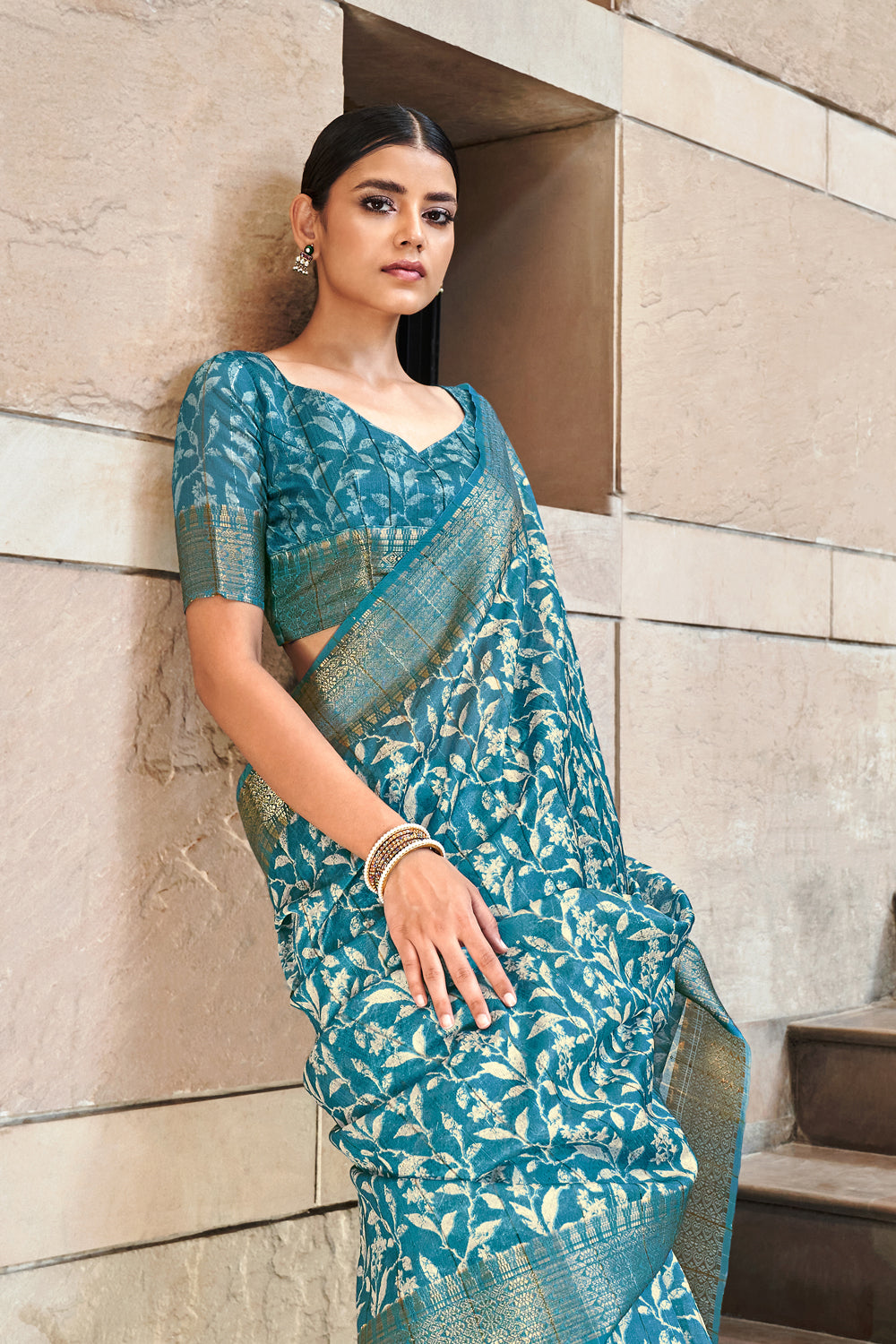 Blue Printed Linen Silk Saree By Shangrila Designer Saree