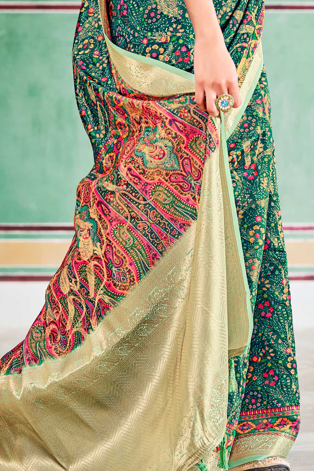 Turquoise Green Woven Printed Silk Saree