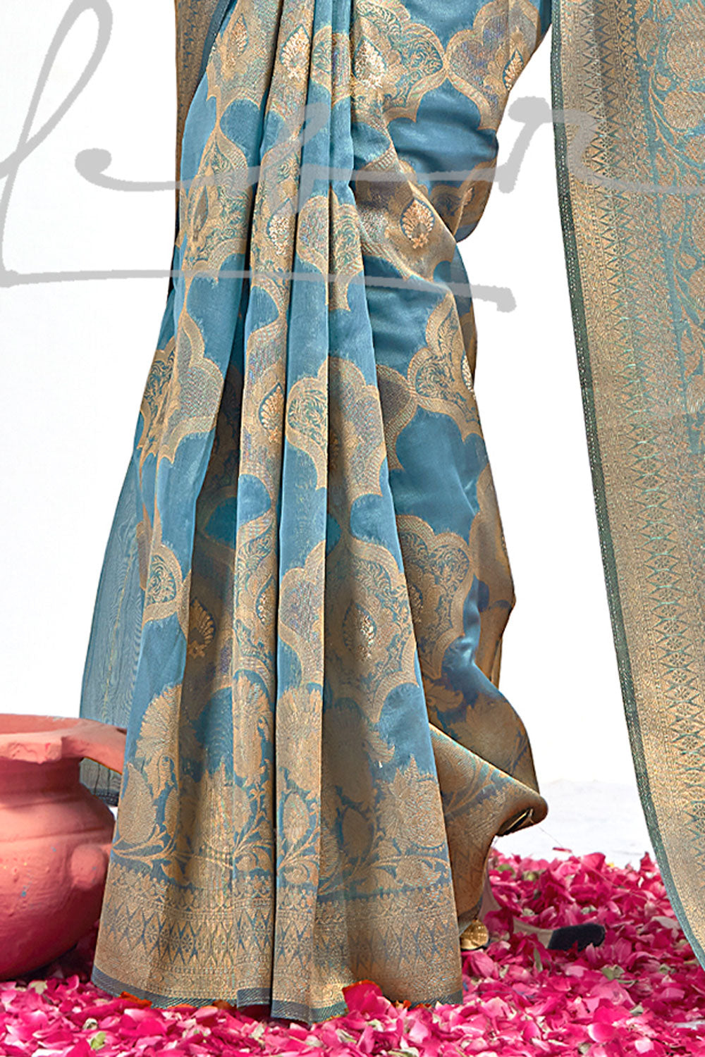 Blue Organza Banarasi Woven Silk Saree