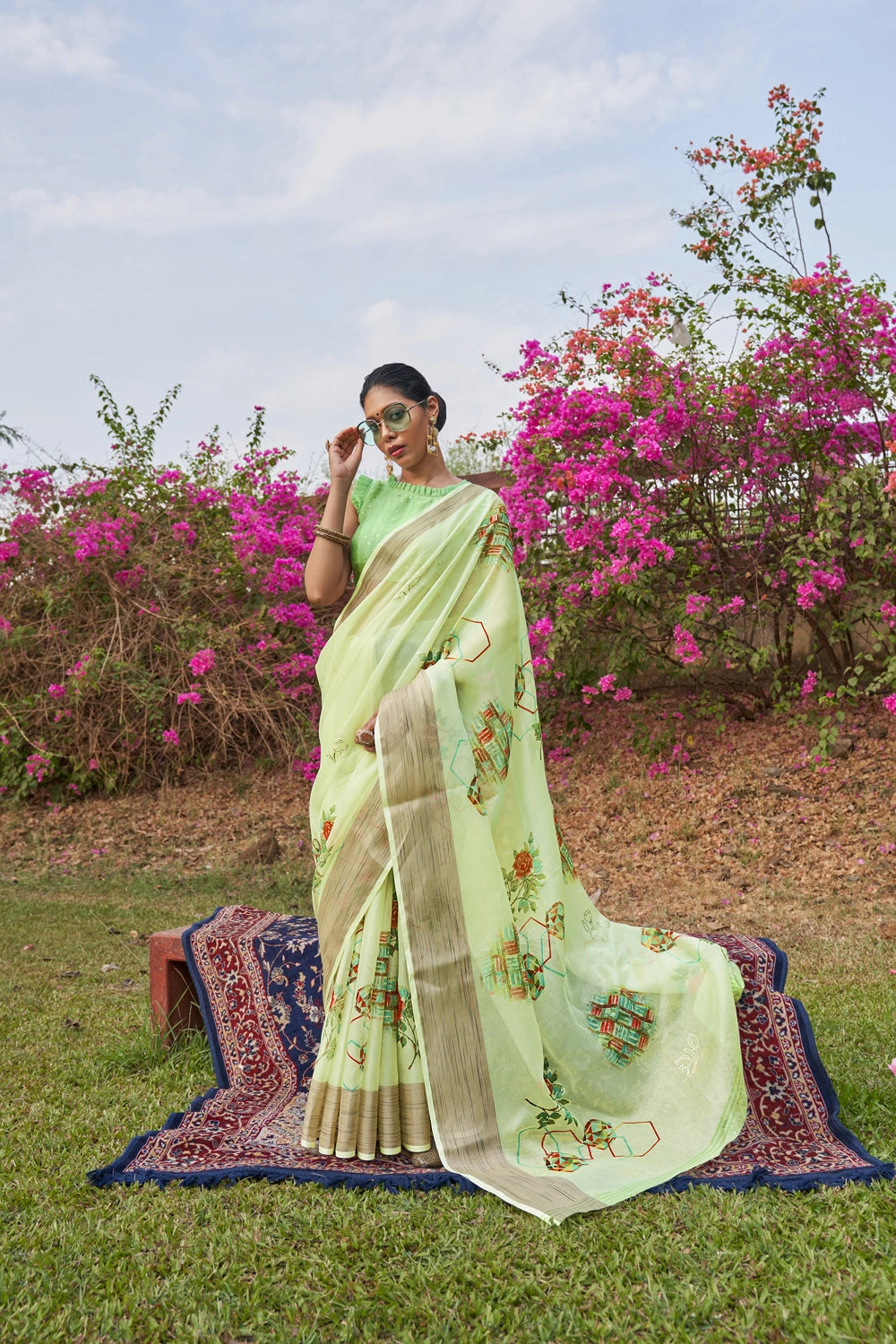 Light Green Floral Foil Print Organza Silk Saree With Designer Blouse