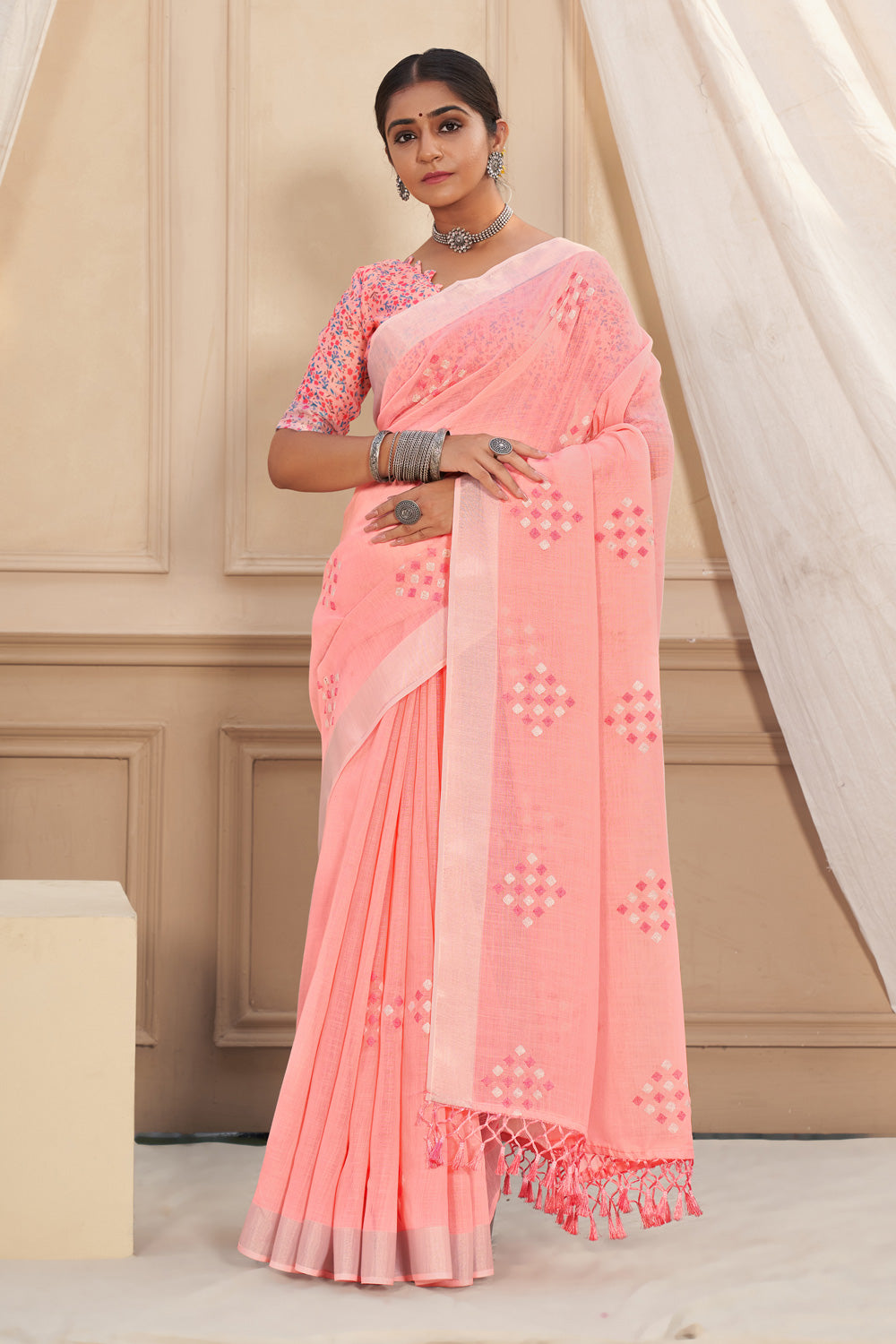 Pink Embroidery Linen Saree