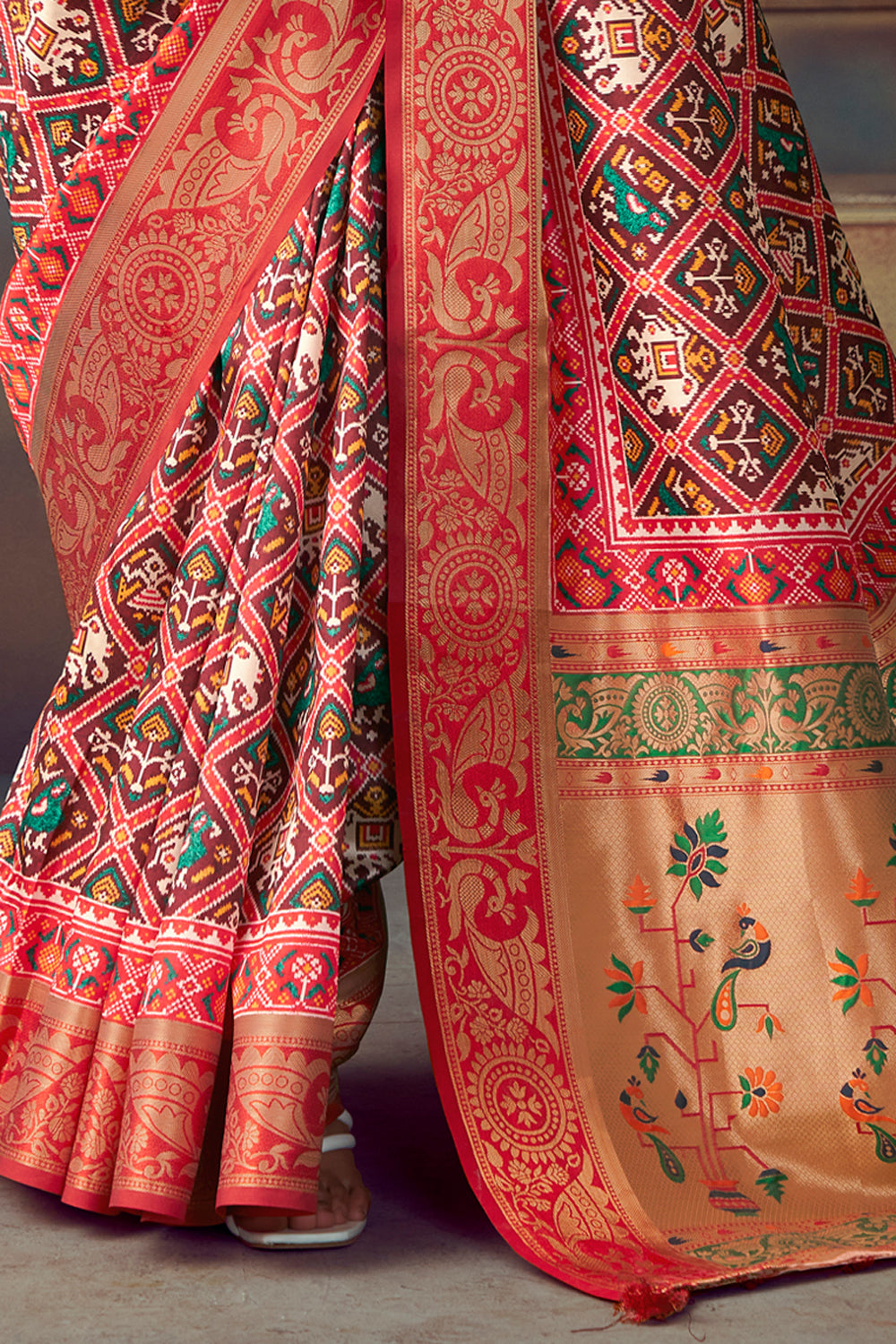 Maroon Toned Paithani Patola Silk Printed Blend Saree