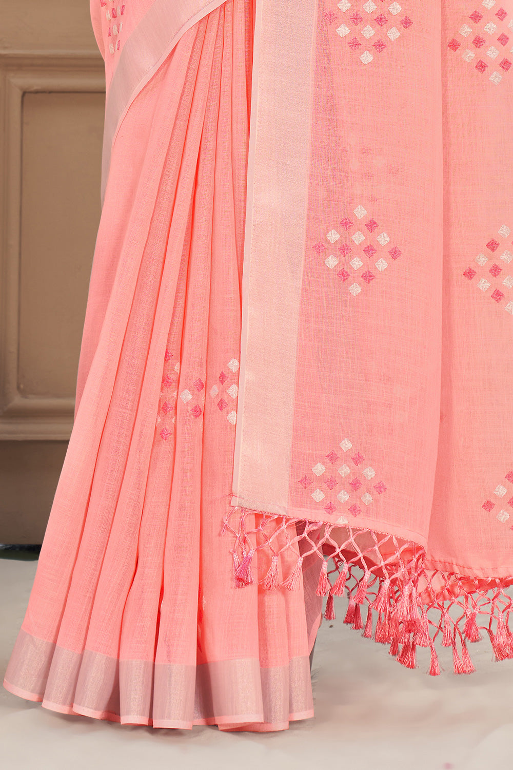 Pink Embroidery Linen Saree
