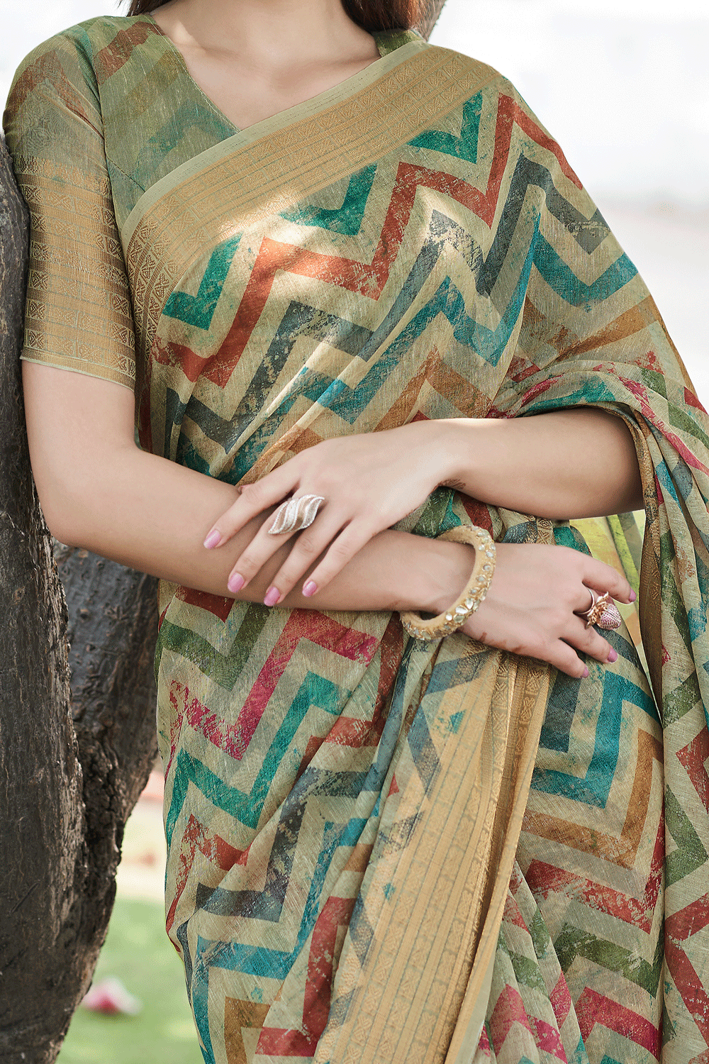 Multi Color Digital Printed Linen saree