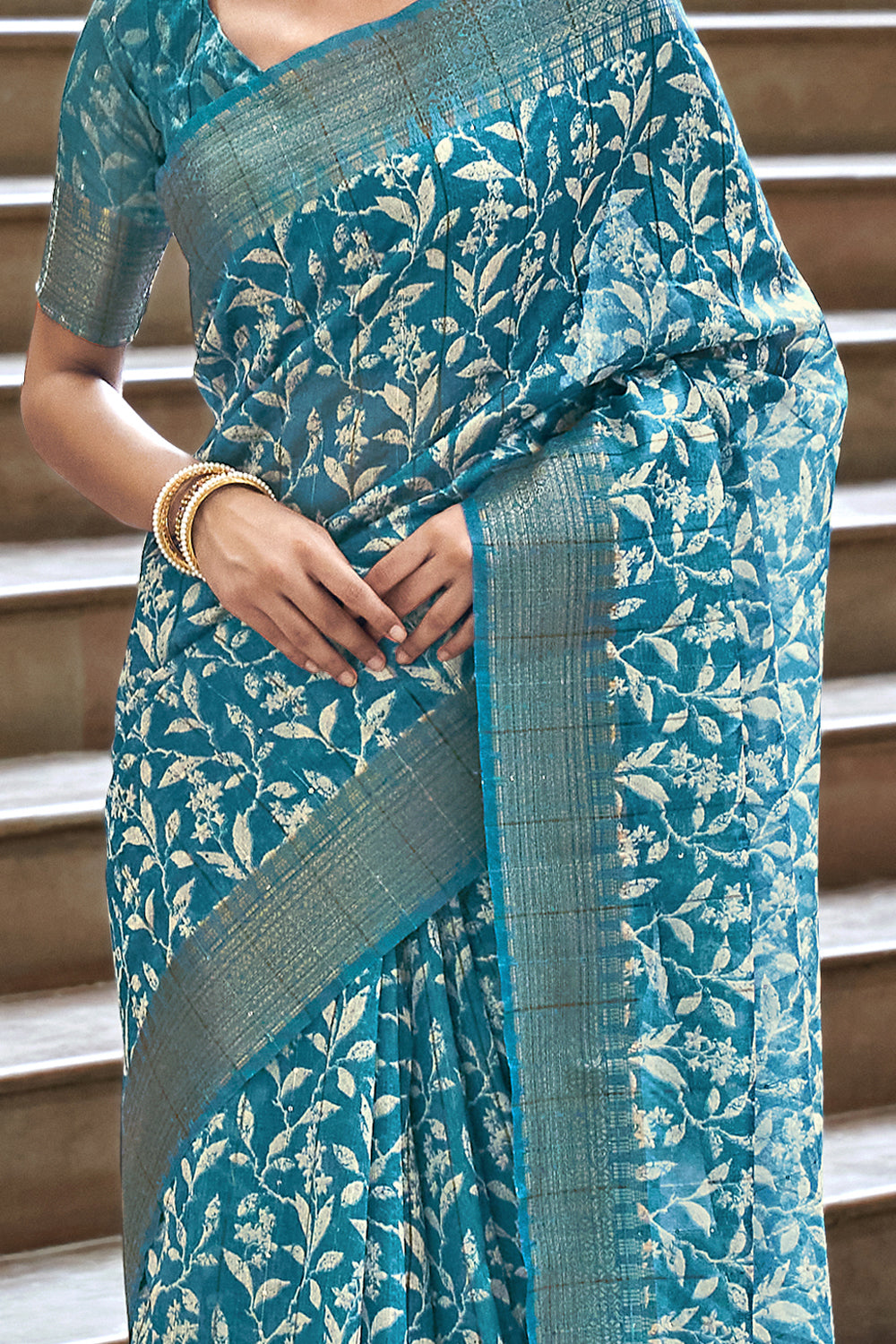 Blue Printed Linen Silk Saree By Shangrila Designer Saree