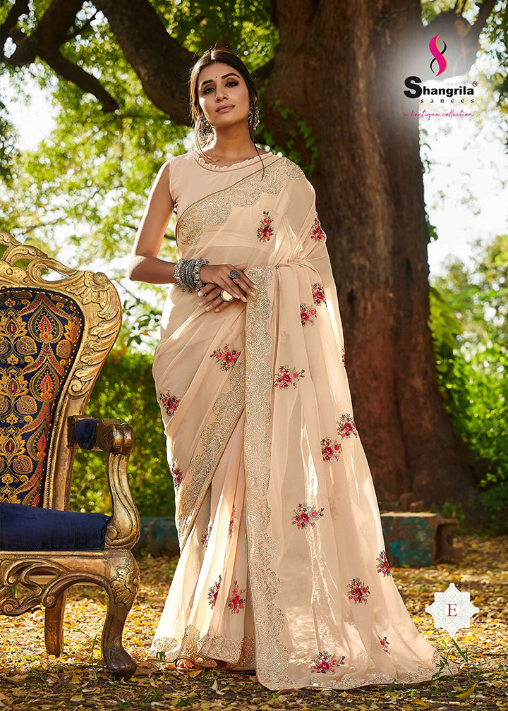 CREAM GEORGETTE SAREE WITH APPLIQUE EMBROIDERY WORK