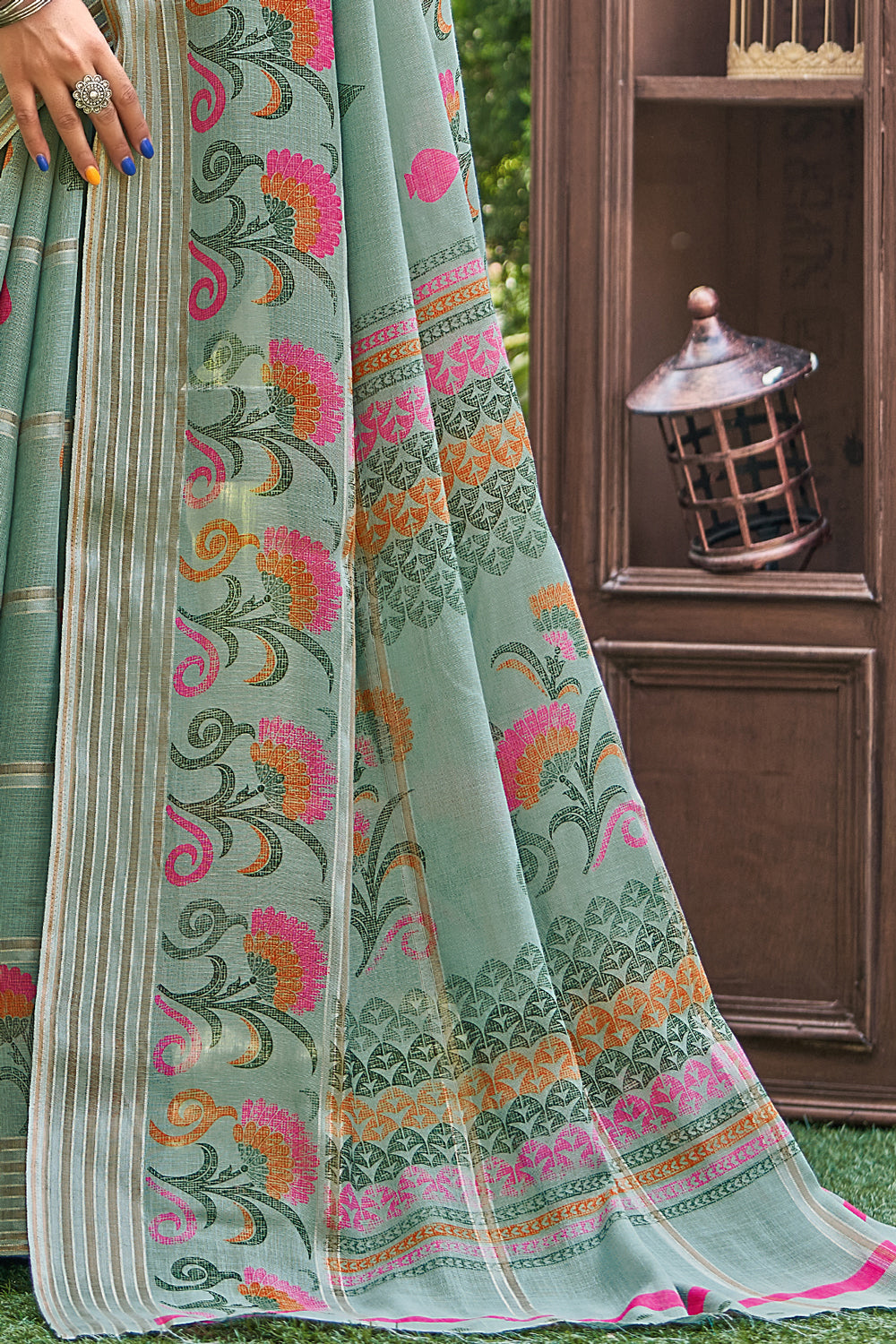 Grayish Green  Batik Printed Linen Saree