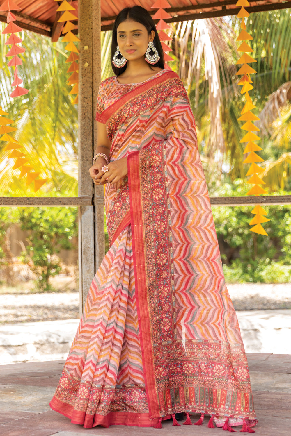 Multicolor Printed Linen Saree
