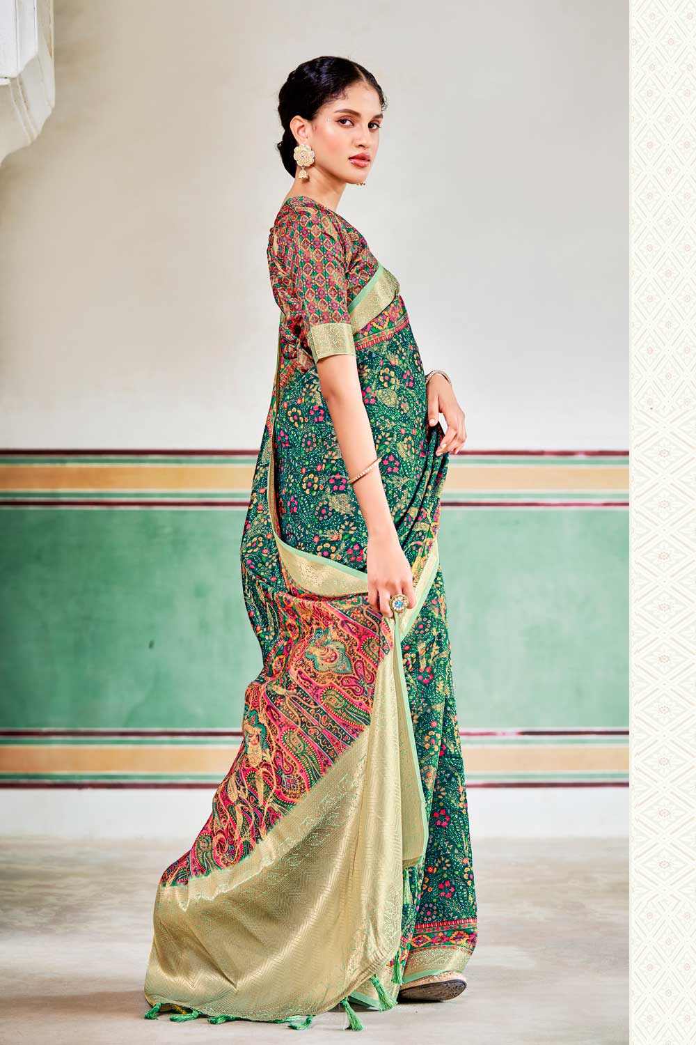 Turquoise Green Woven Printed Silk Saree