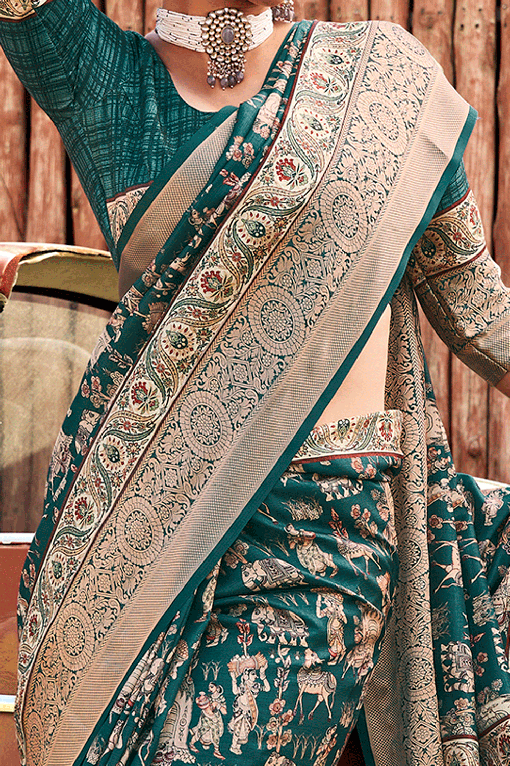 Dark Teal Digital Print Silk Saree