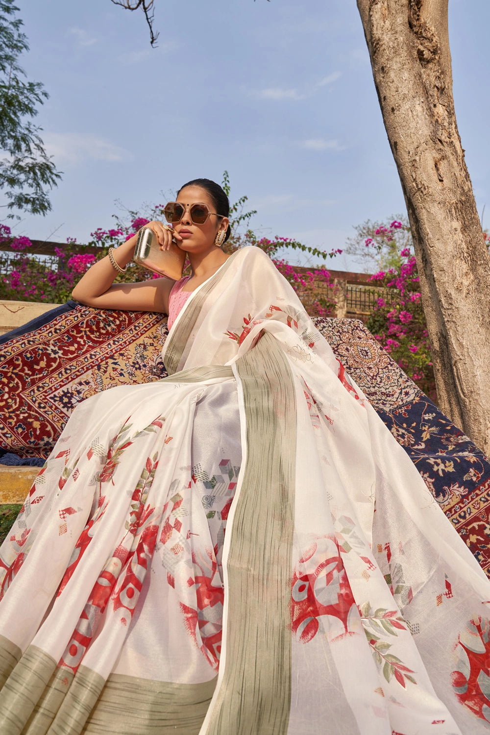 White Floral Foil Print Organza Silk Saree With Designer Blouse
