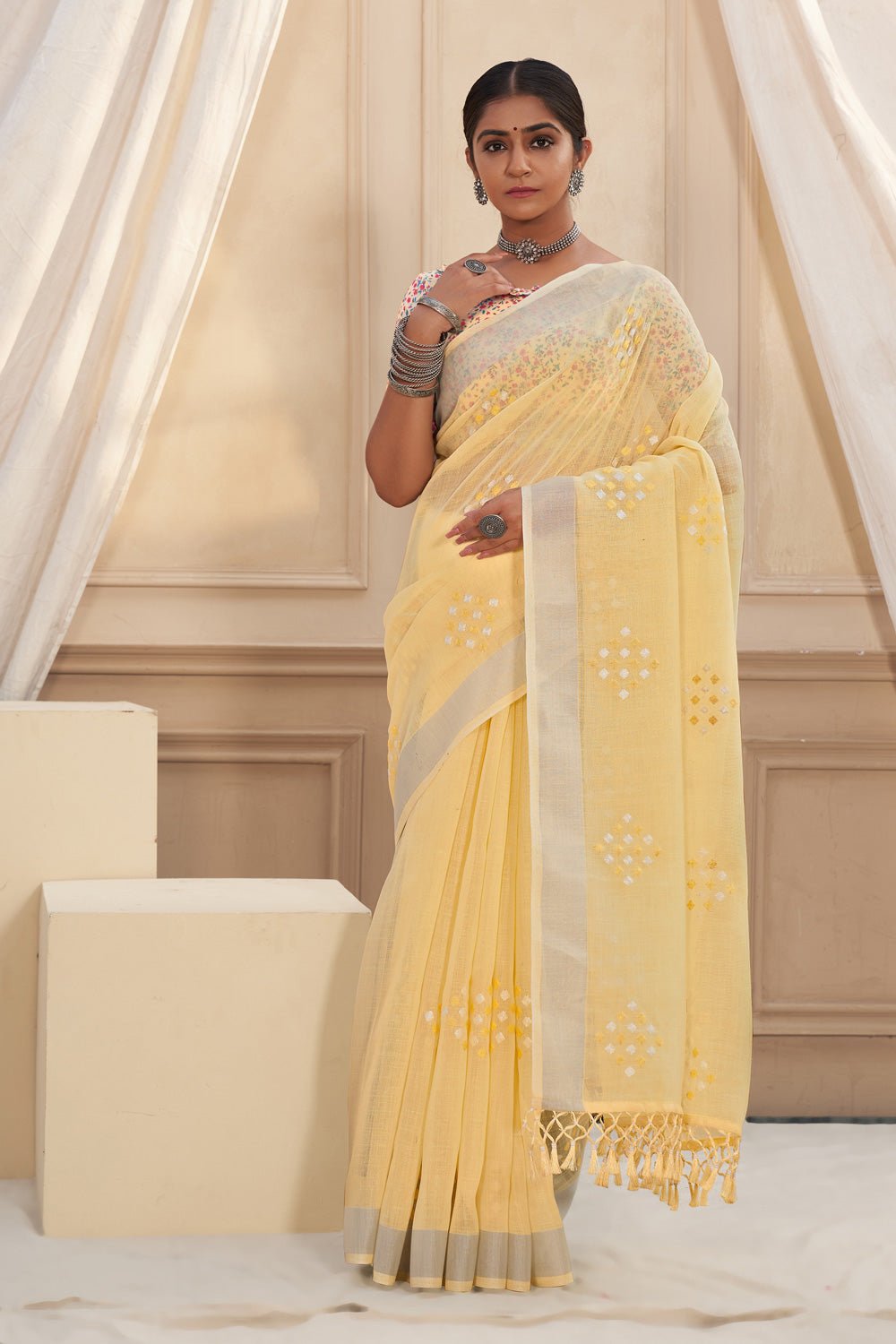 Yellow Embroidery Linen Saree