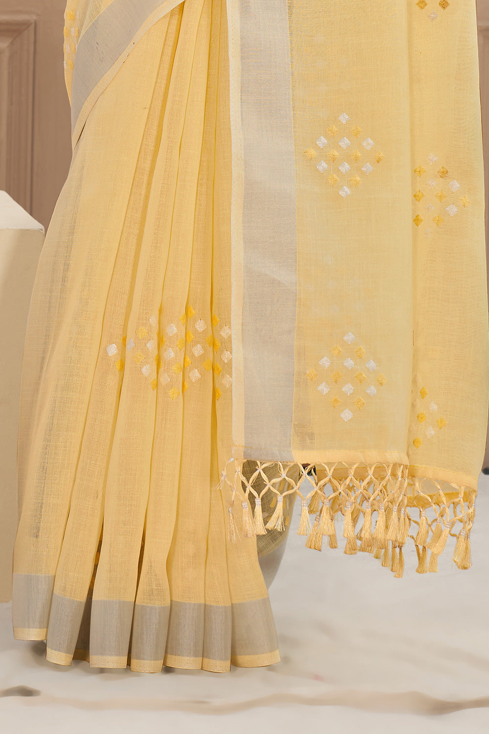 Yellow Embroidery Linen Saree
