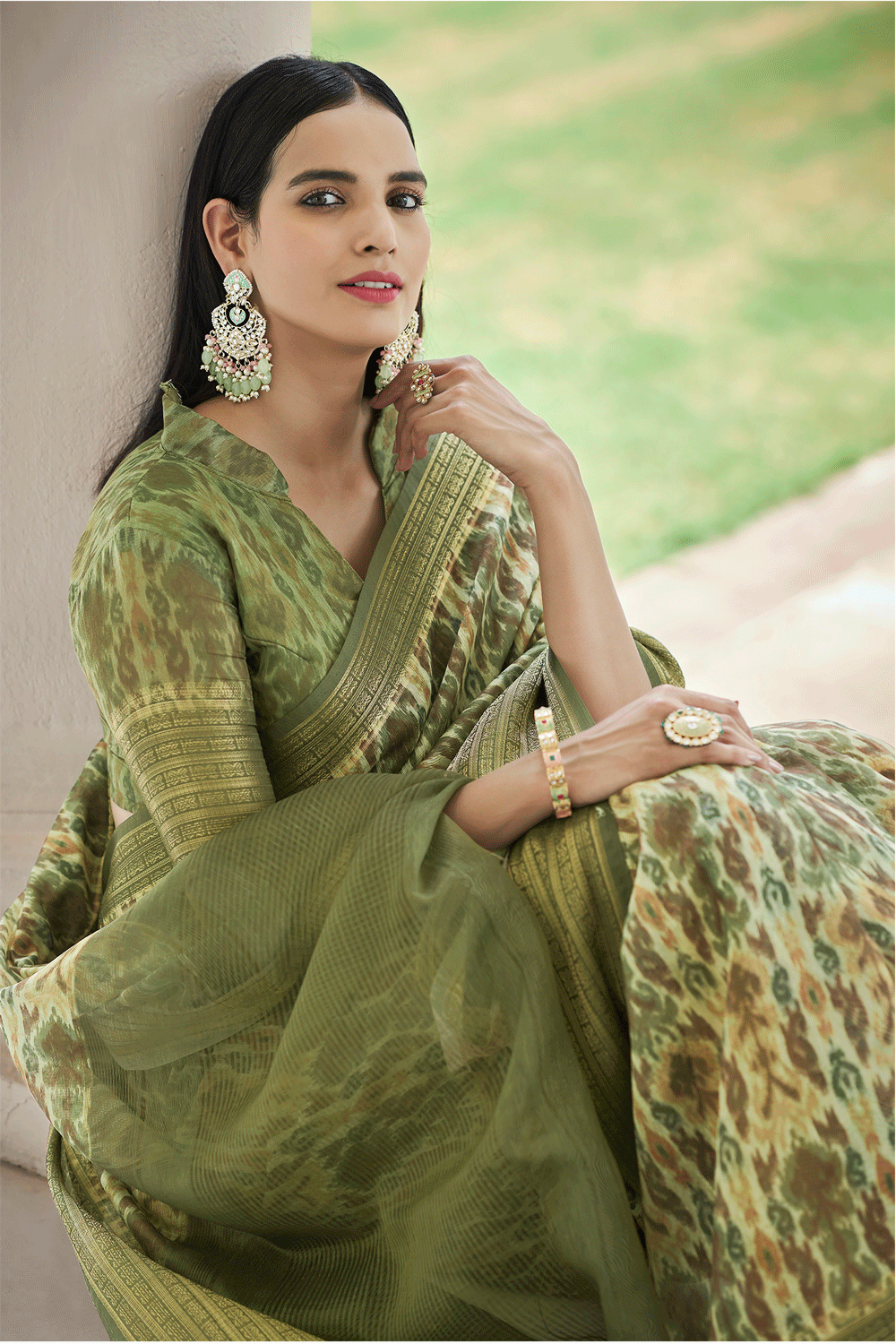 Bridal Green Digital Printed Linen Saree