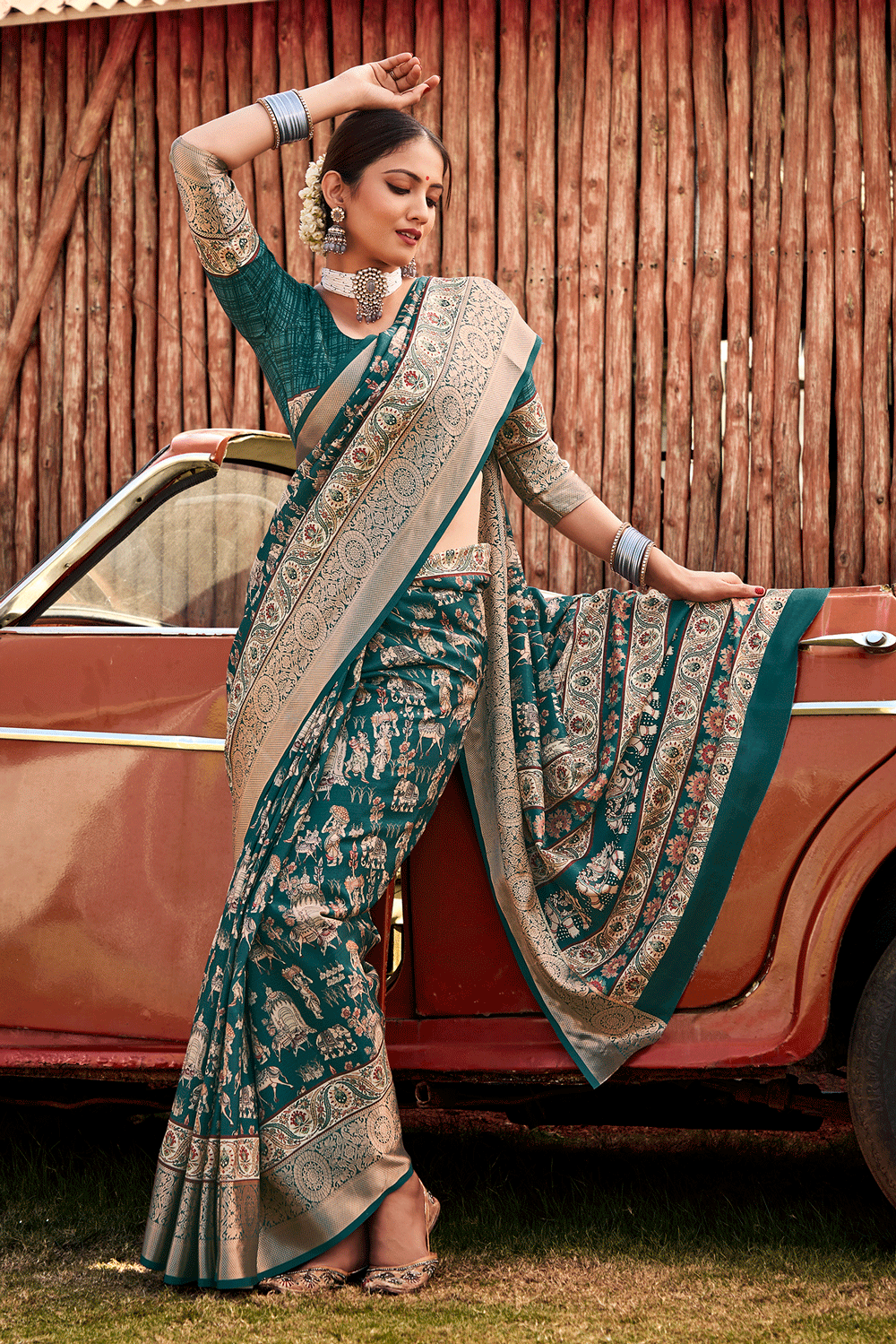 Dark Teal Digital Print Silk Saree