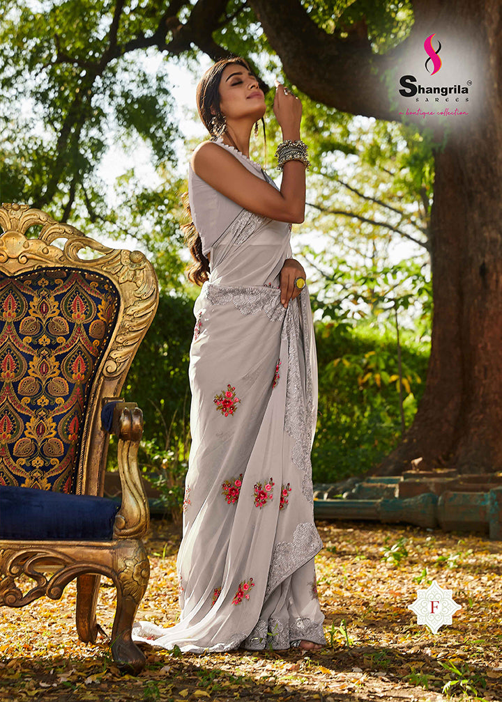 SILVER GREY GEORGETTE SAREE WITH APPLIQUE EMBROIDERY WORK