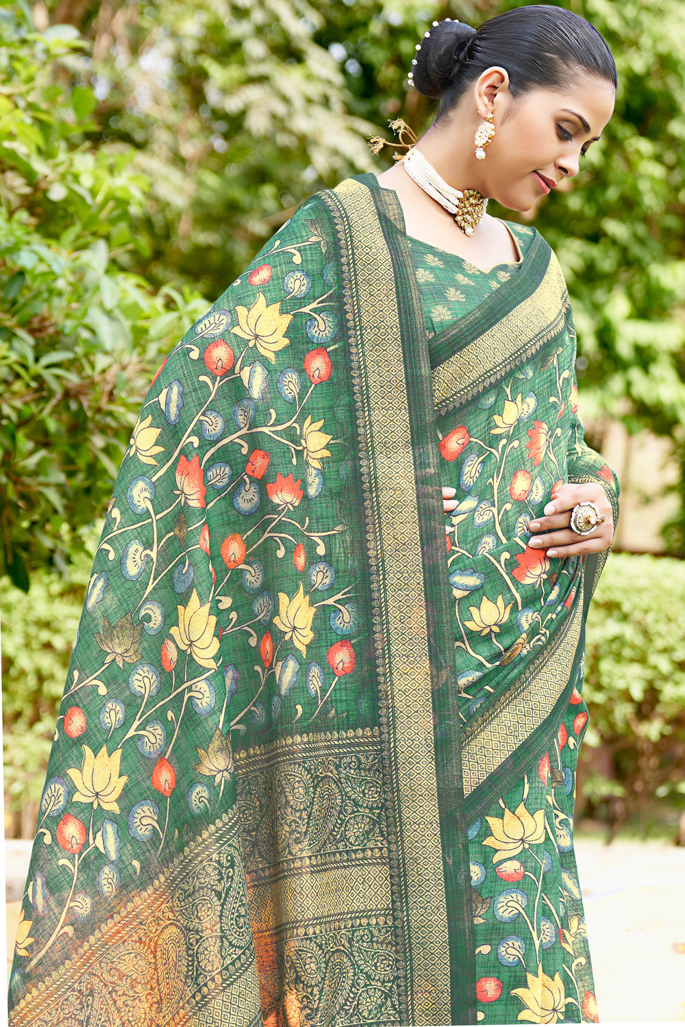 Green Pure Kalamkari Digital Printed Linen Saree