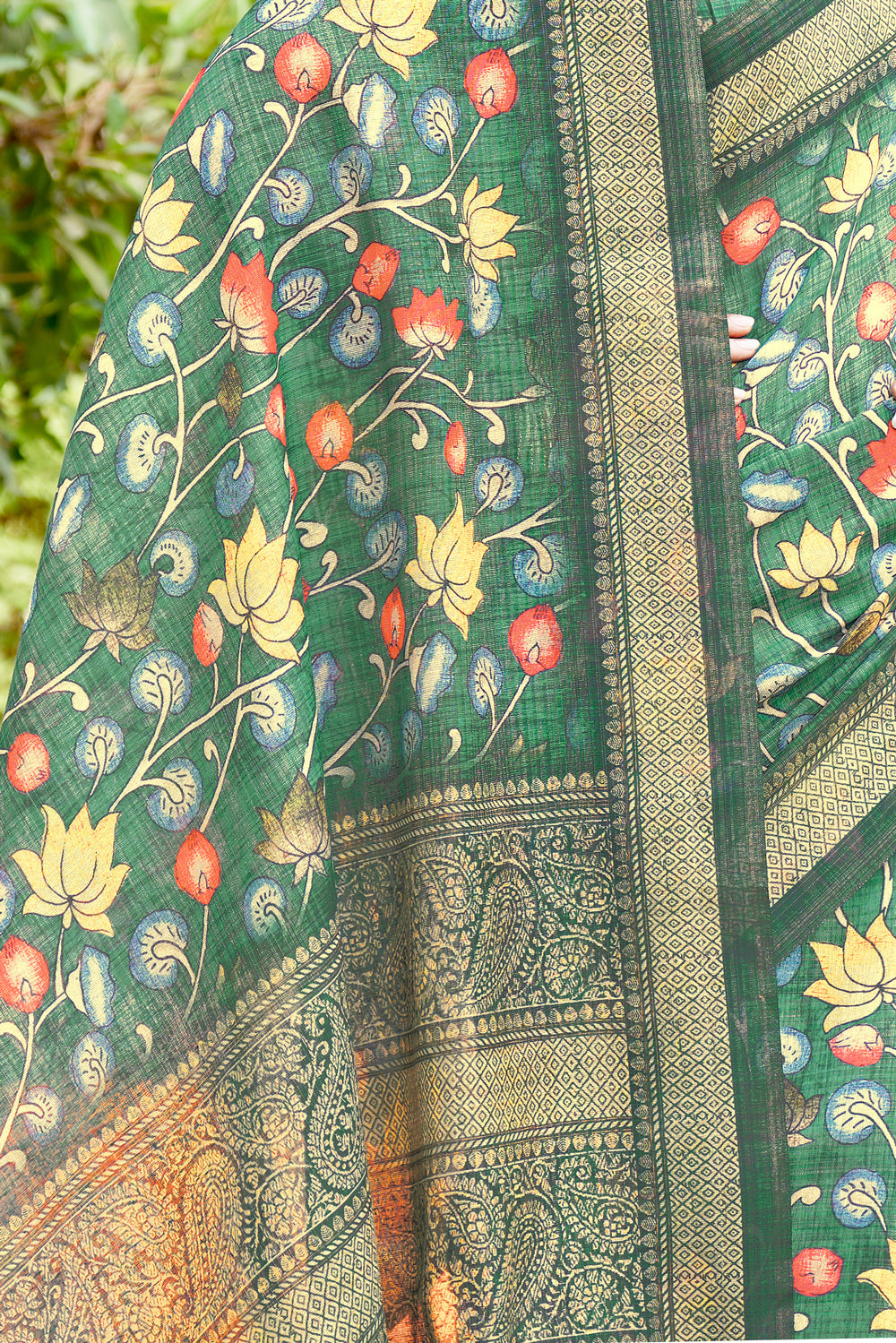 Green Pure Kalamkari Digital Printed Linen Saree