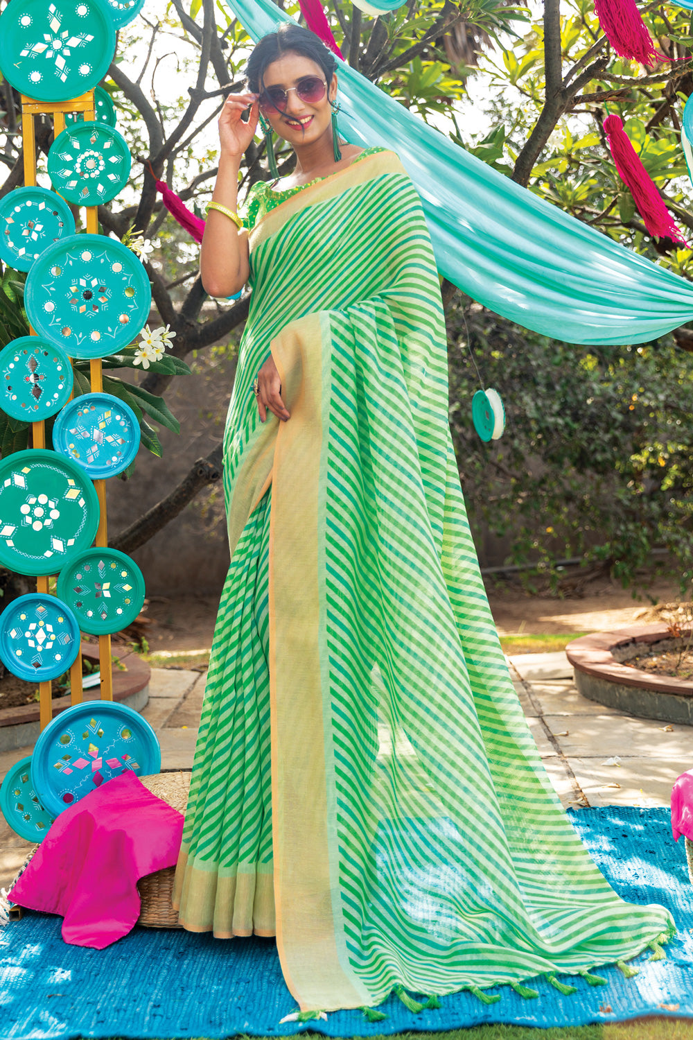 Green Lehariya Printed Linen Saree