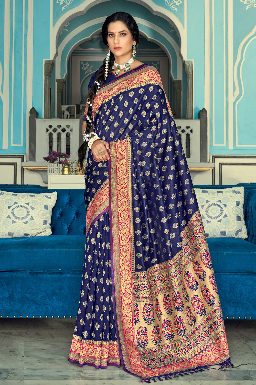 Blue Woven Banarasi Silk Saree By Shangrila Designer