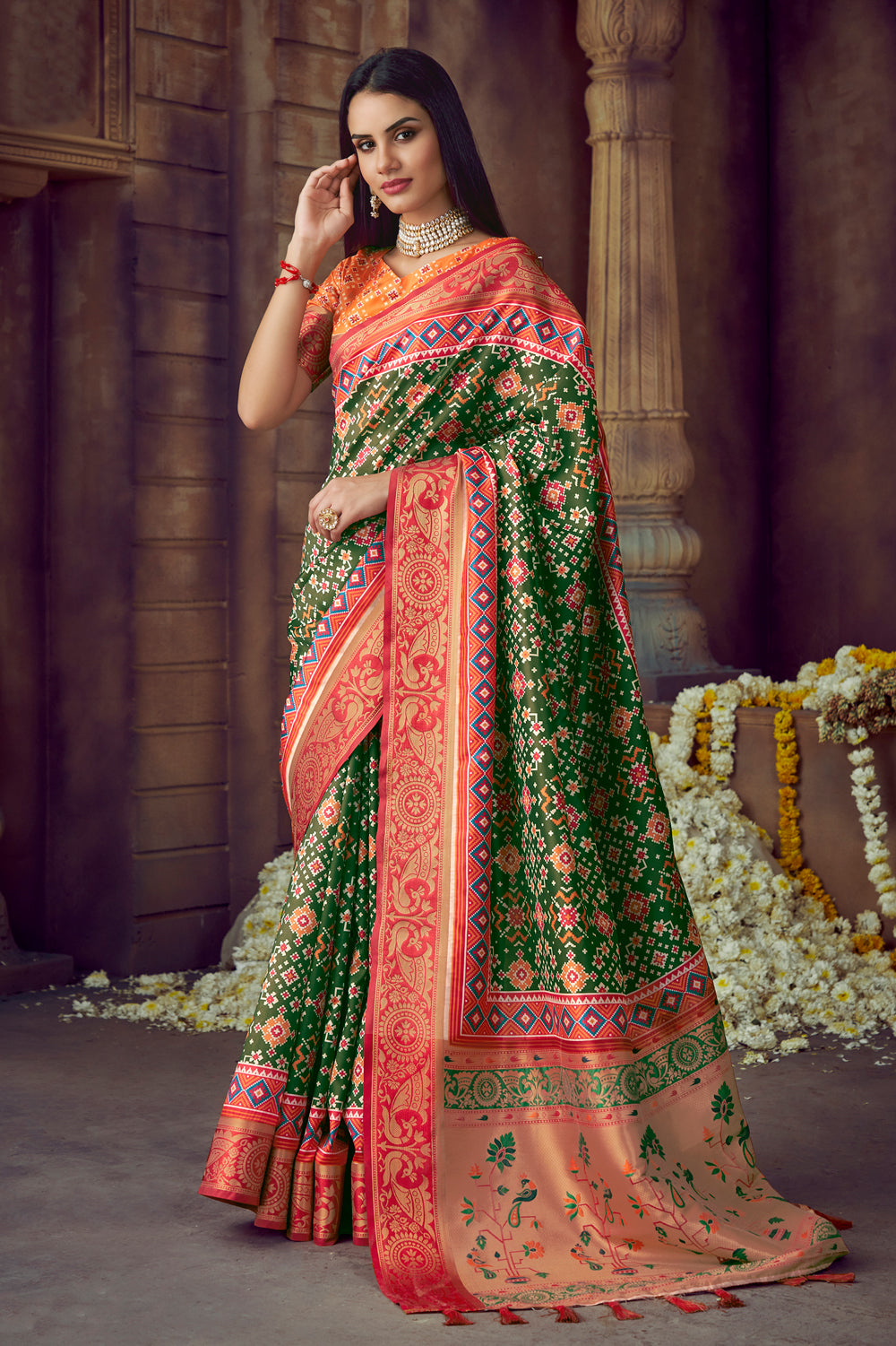 Green Toned Paithani Patola Silk Printed Blend Saree