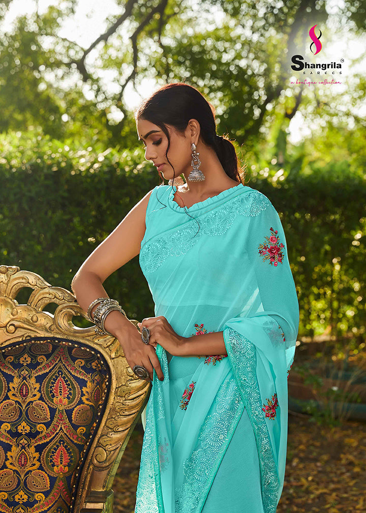 TURQUOISE BLUE GEORGETTE SAREE WITH APPLIQUE EMBROIDERY WORK