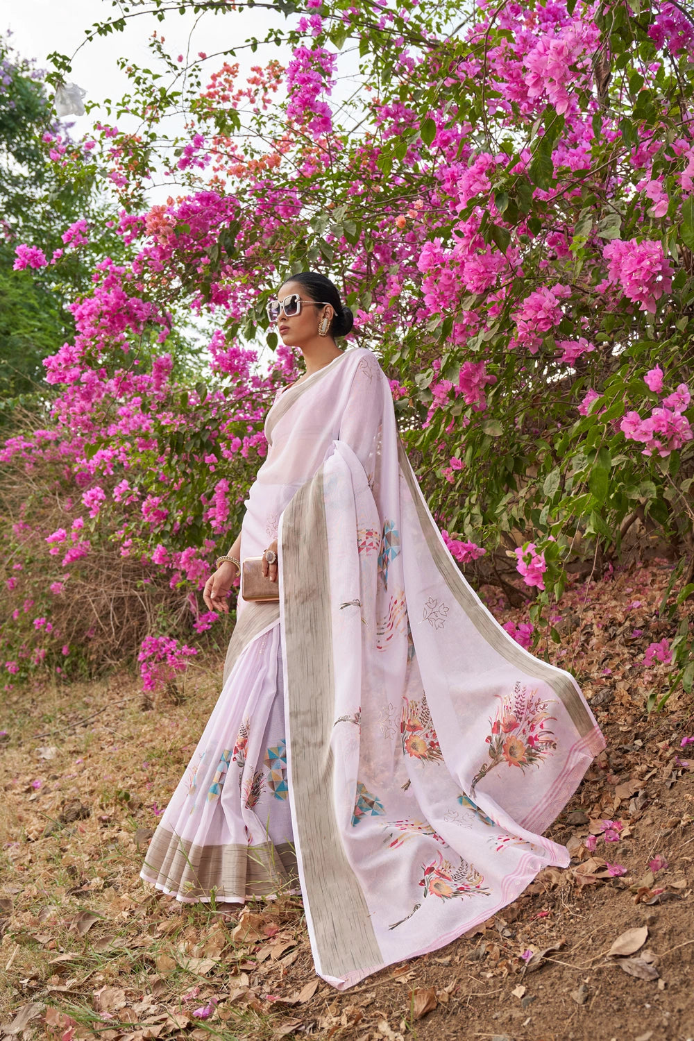 Light Purple  Floral Foil Print Organza Silk Saree With Designer Blouse