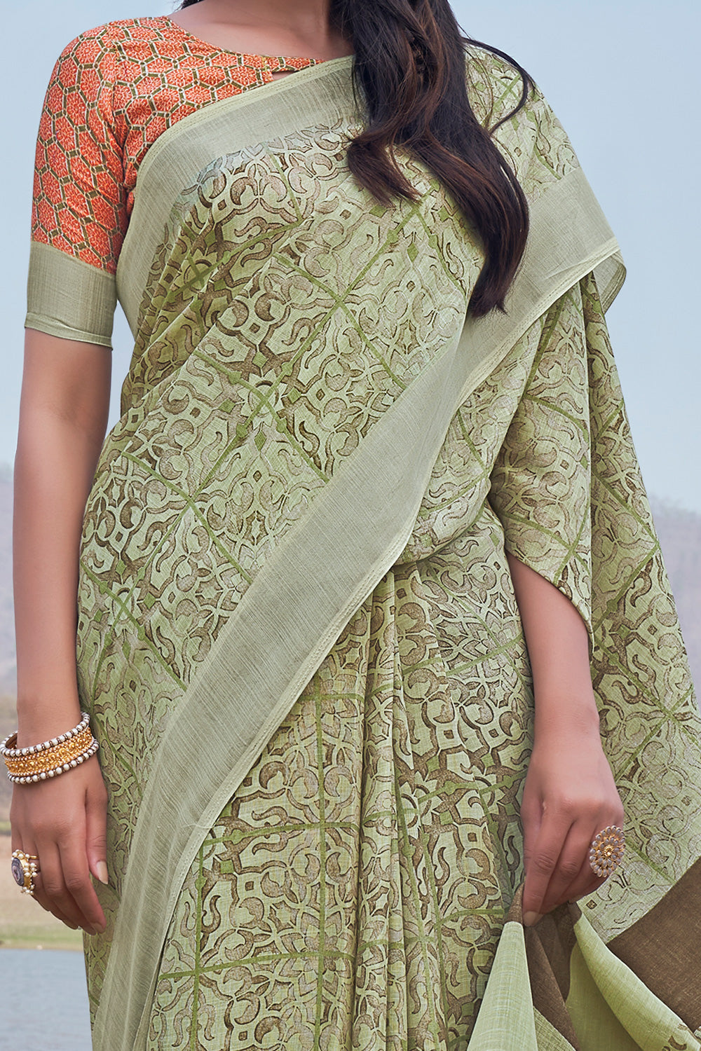 Green Printed Linen Saree
