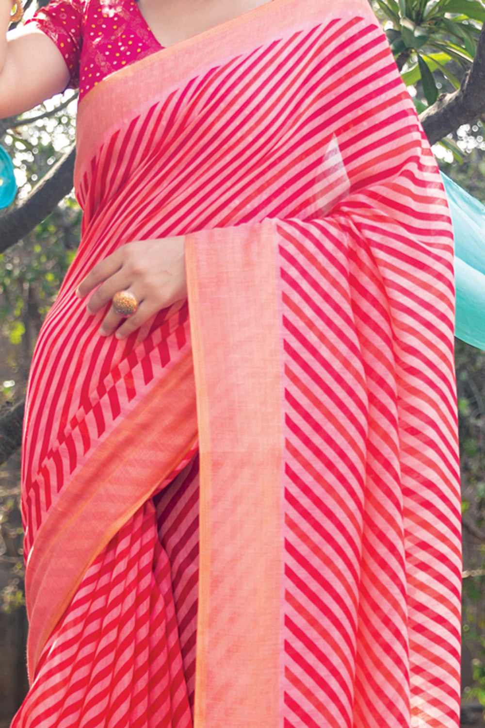 Pink Lehariya Printed Linen Saree