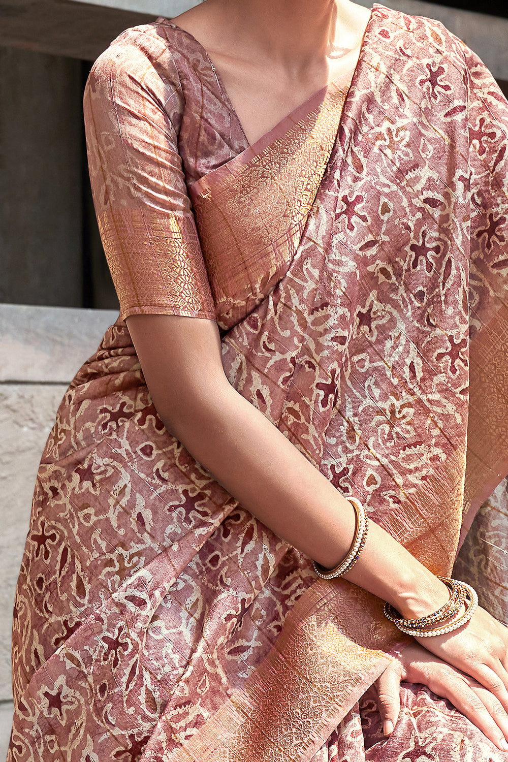 Baby Pink Printed Linen Silk Saree By Shangrila