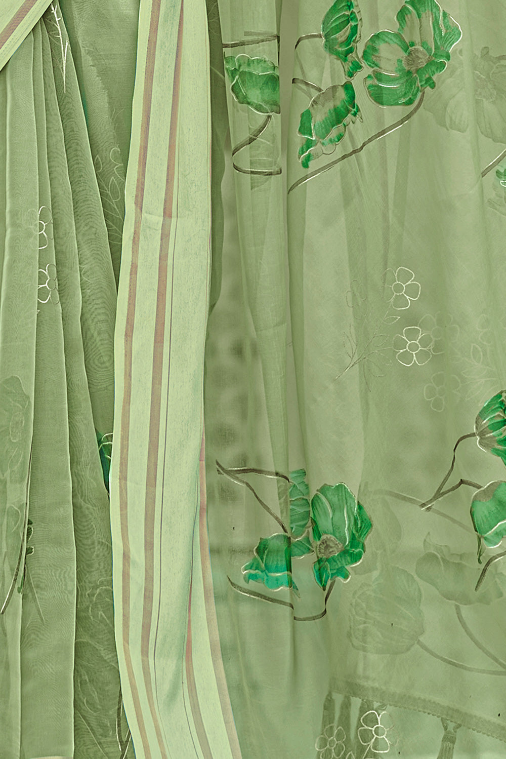 Dark Green Organza Floral Printed Silk Saree