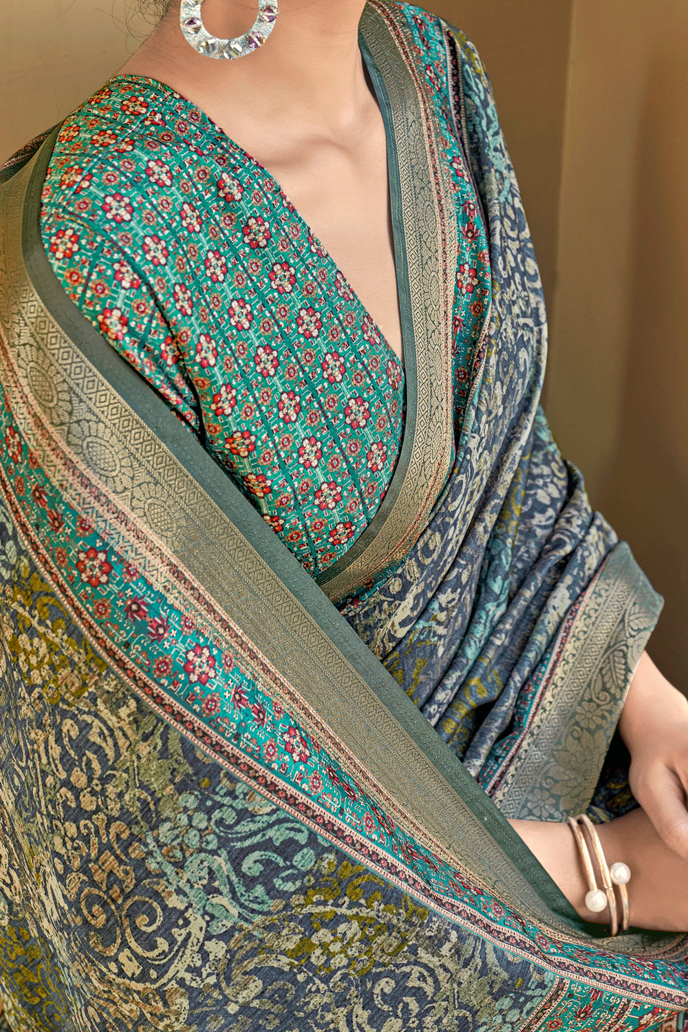 Corolina Blue Digital Printed Silk Saree