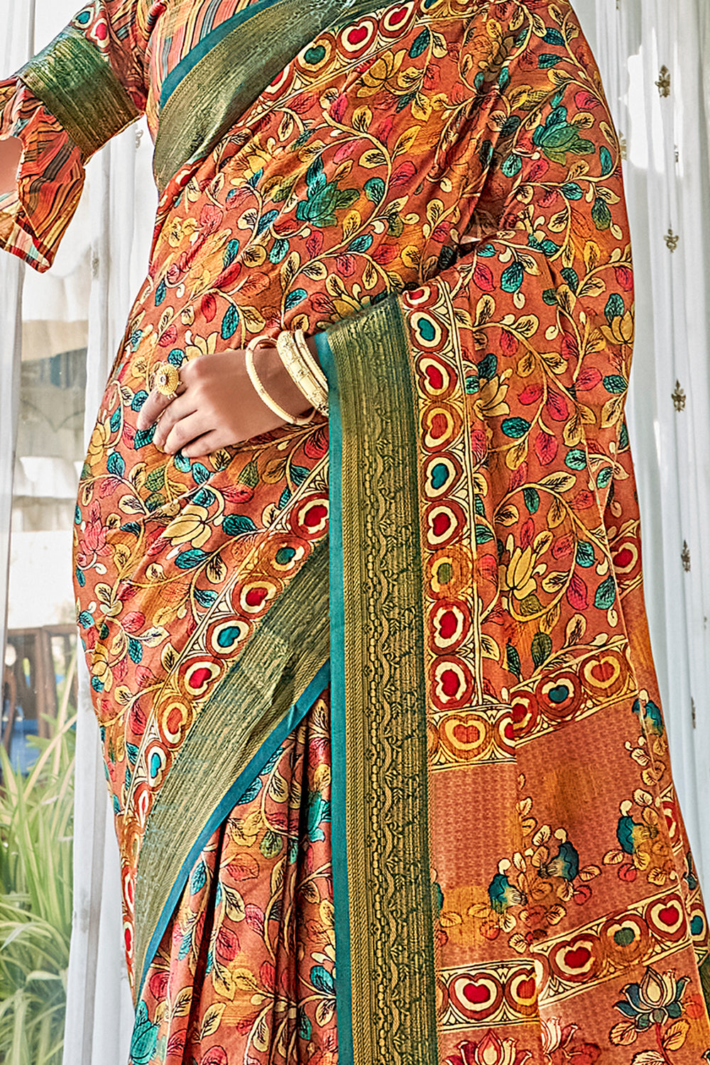 Brown Kalamkari Digital Printed Rich Pallu Silk Saree